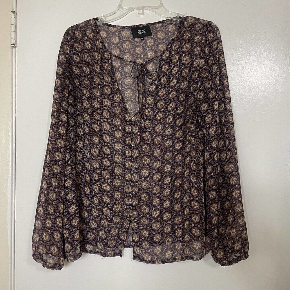 Goldie brown floral leaves button down chiffon blouse top size ML